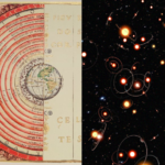 composite image - celestial sphers on left - artist rendition of extrasolar systems on right