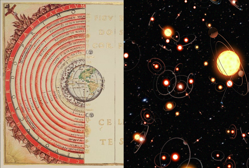 composite image - celestial sphers on left - artist rendition of extrasolar systems on right