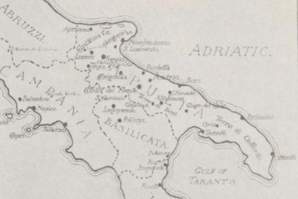 Map of southern Italy showing Puglia, Basilicata and Campania. Castles and hunting lodges are particularly evident in Puglia where 23 appear.