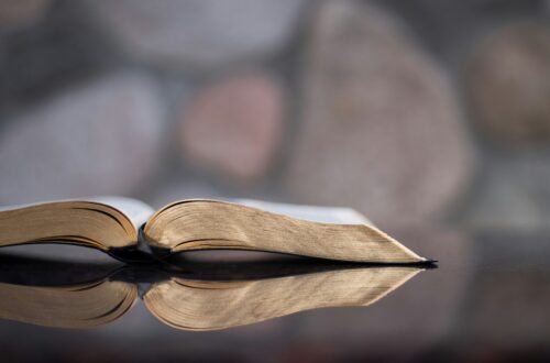 An open book seen from the side with reflection on a table