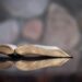 An open book seen from the side with reflection on a table