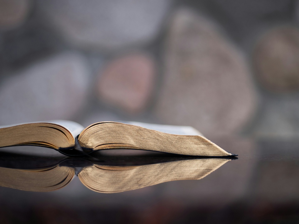 An open book seen from the side with reflection on a table